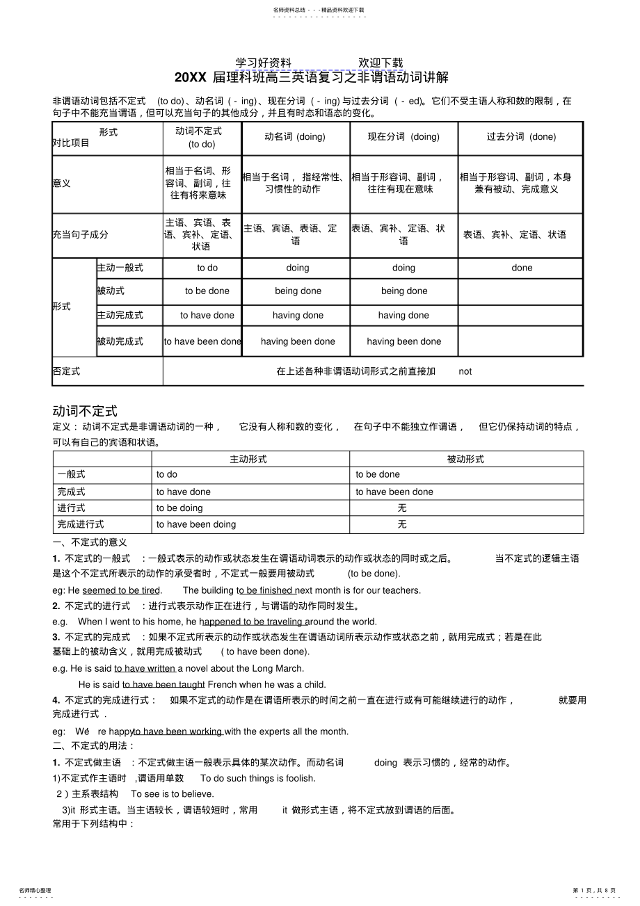 2022年高中英语非谓语动词整理讲解 .pdf_第1页