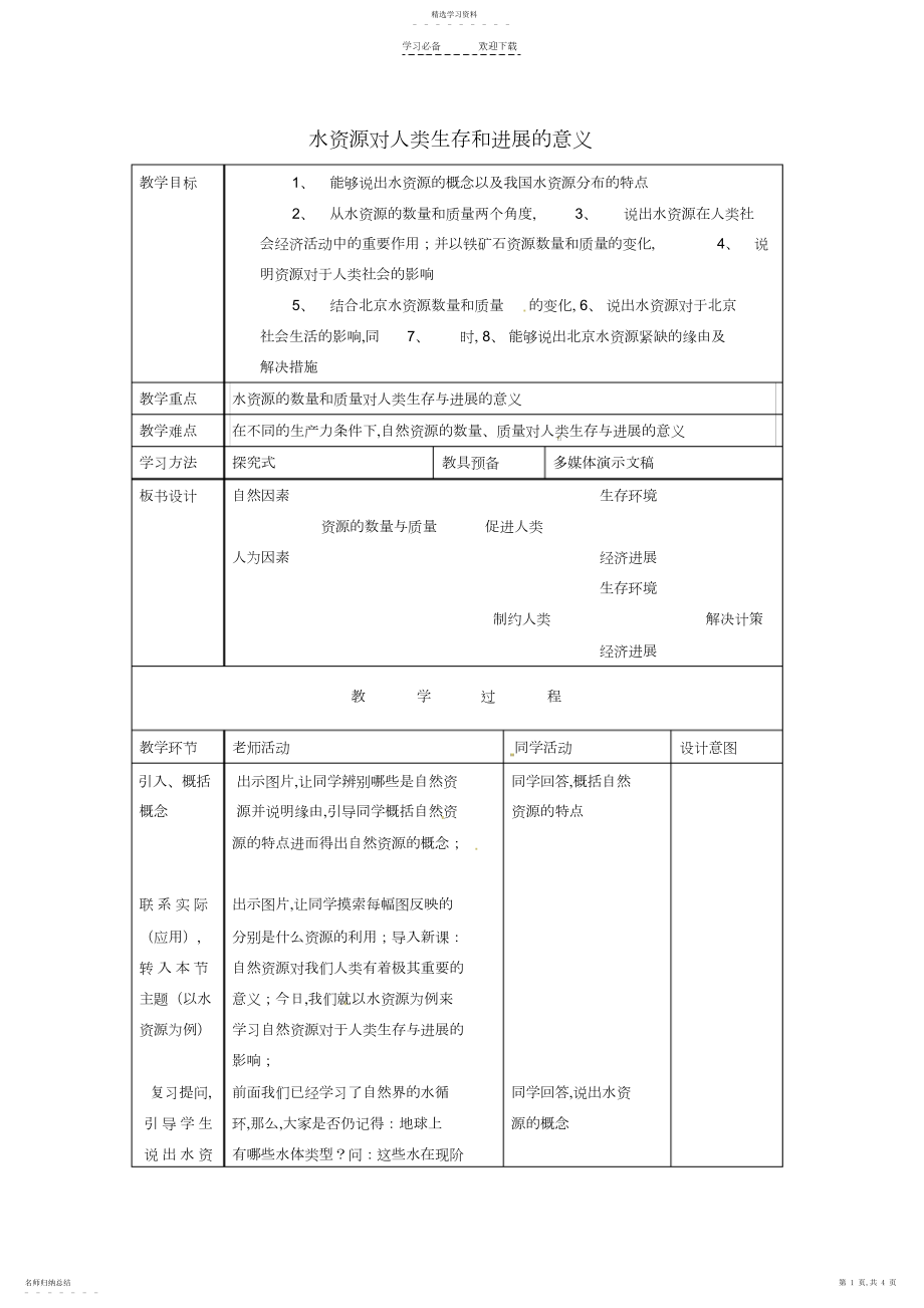 2022年高中地理《水资源对人类生存和发展的意义》教案.docx_第1页