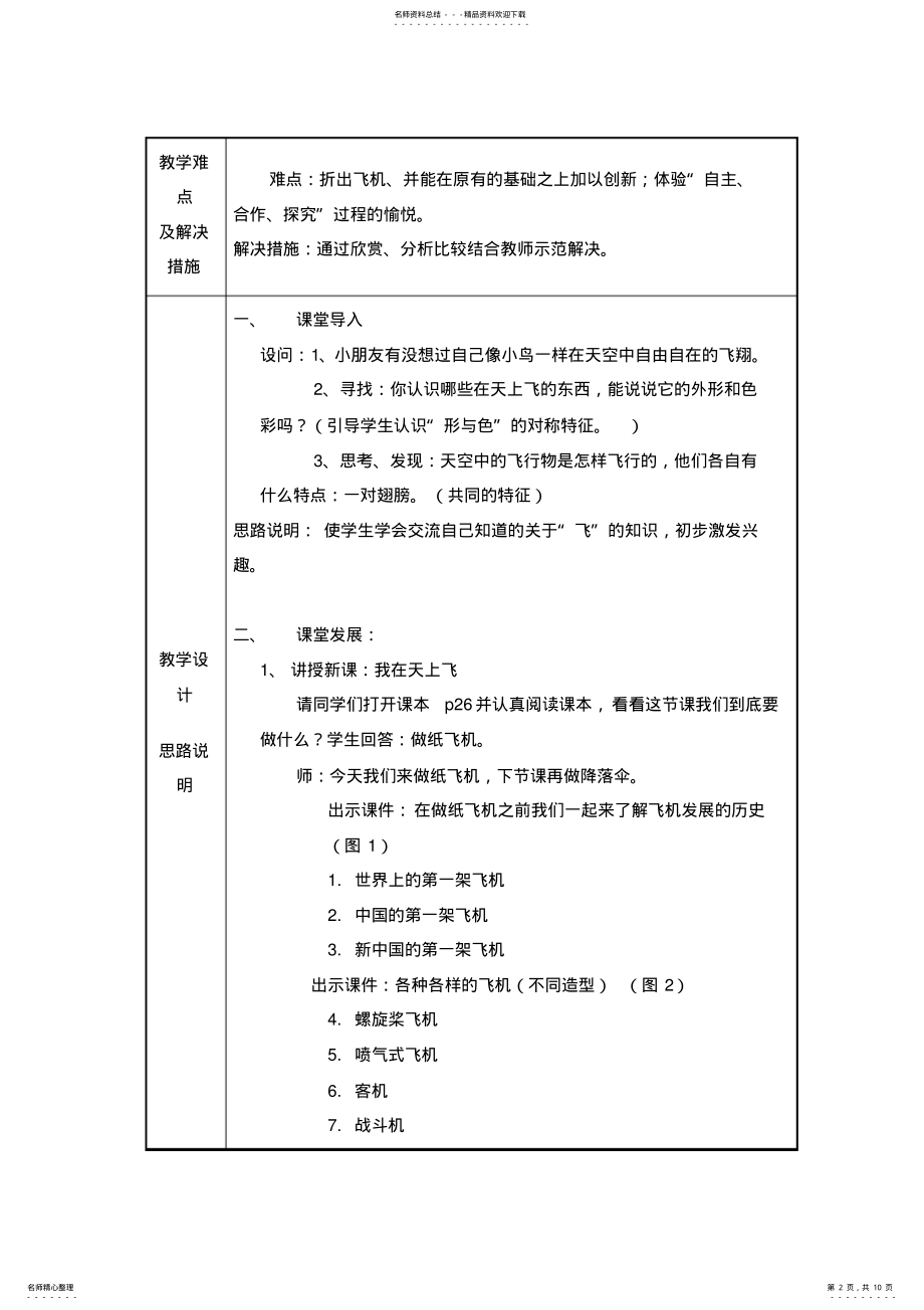 2022年小学美术一年级《折纸：我在天上飞——各种各样的飞机》表格式教案 .pdf_第2页