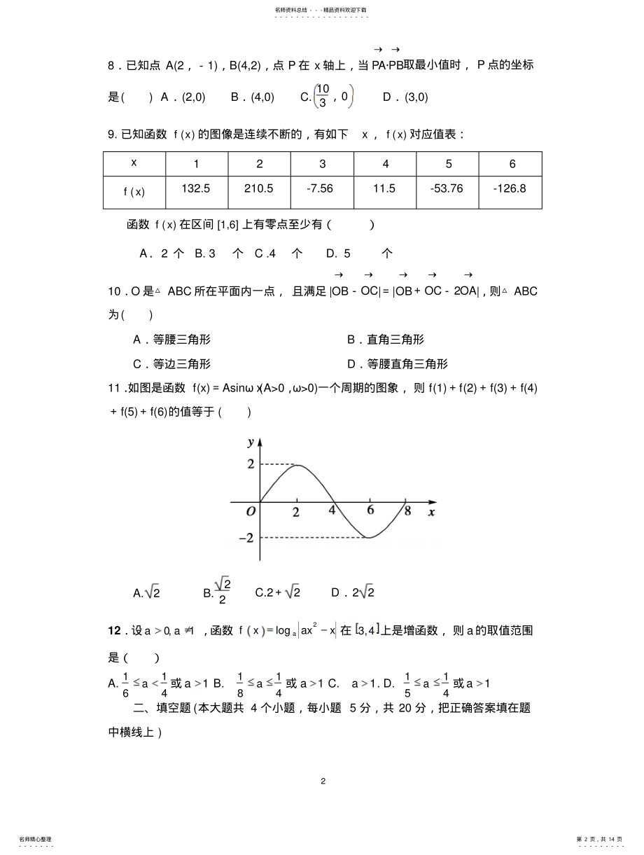 2022年高一上学期期末考试数学试题 .pdf_第2页