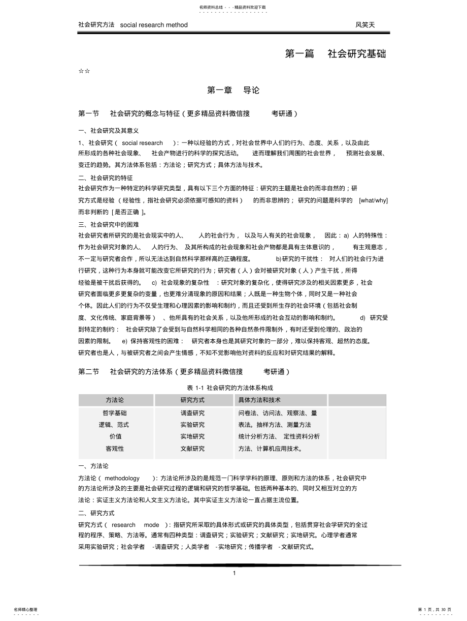 2022年风笑天《社会研究方法》第四版考研笔记,精简划重点,精编打印版 .pdf_第1页