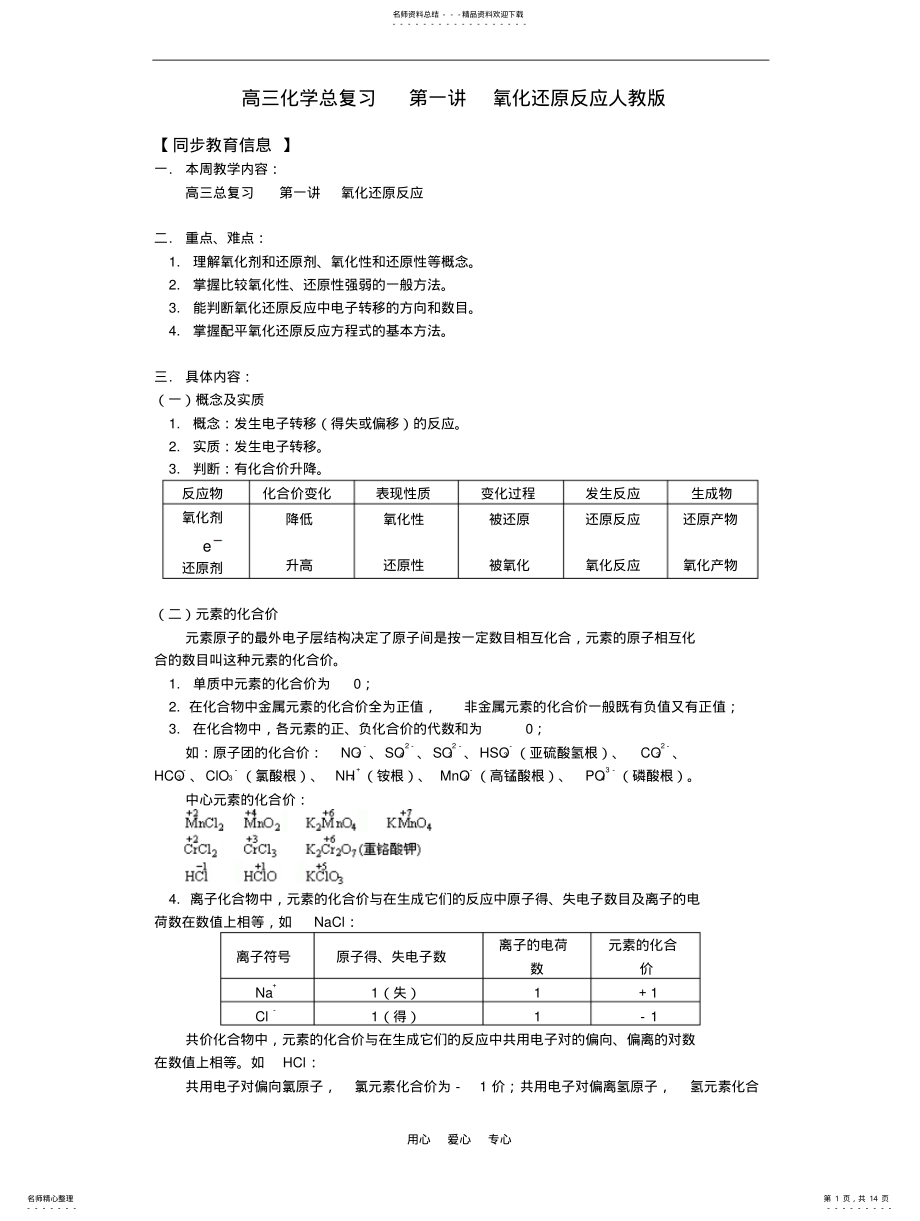 2022年高三化学总复习氧化还原反应人教版知识精讲 .pdf_第1页