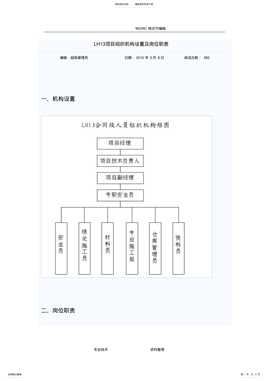 2022年项目组织机构设置和岗位职责 .pdf_第1页