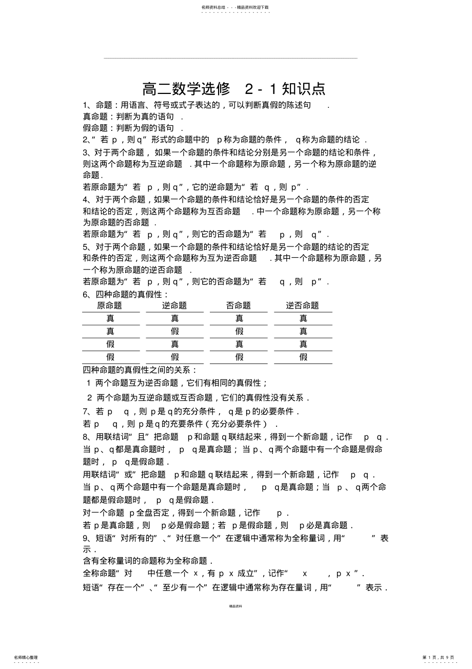 2022年高中数学选修-知识点总结 .pdf_第1页