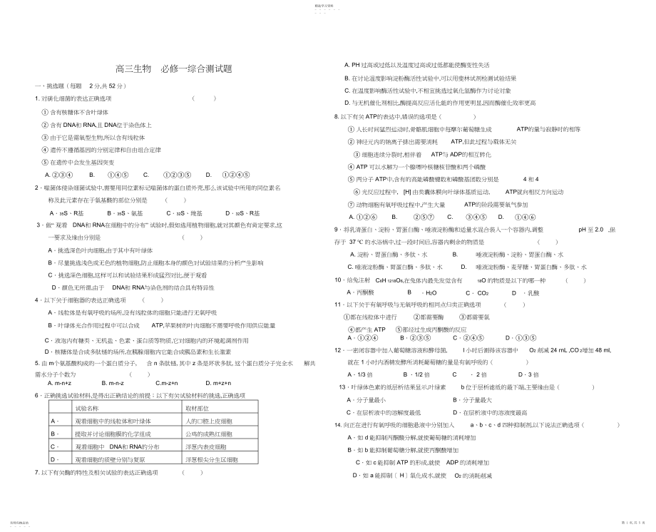 2022年高三生物必修一综合测试题.docx_第1页