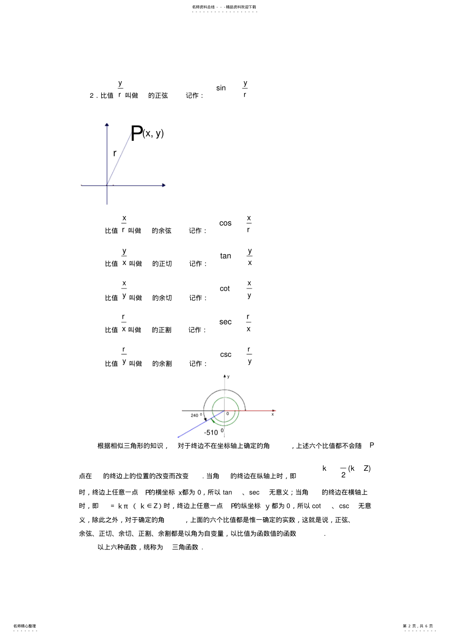 2022年高一数学任意角的三角函数教案人教版 .pdf_第2页