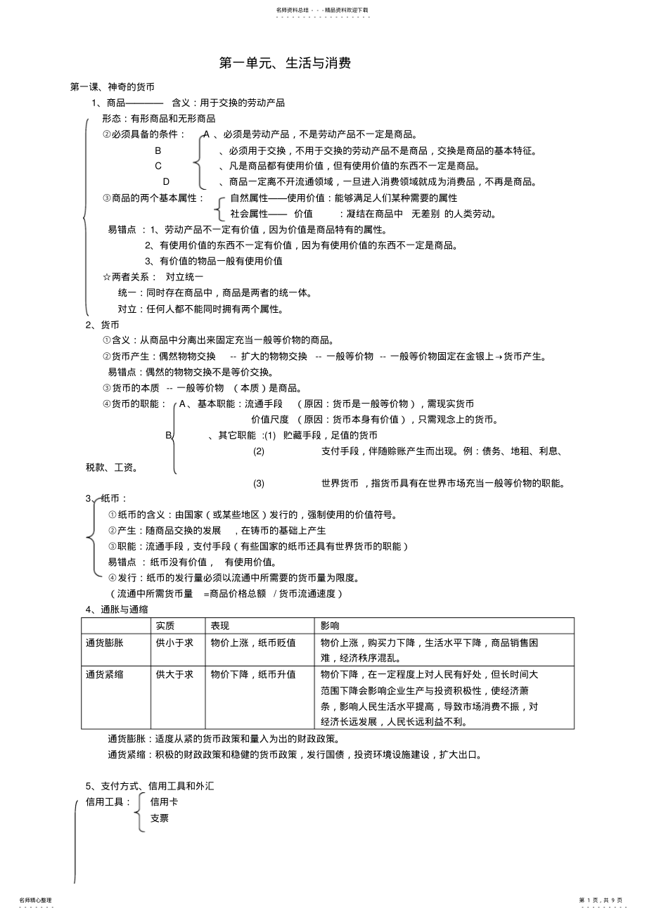 2022年高中政治必修一经济生活知识结构图 .pdf_第1页