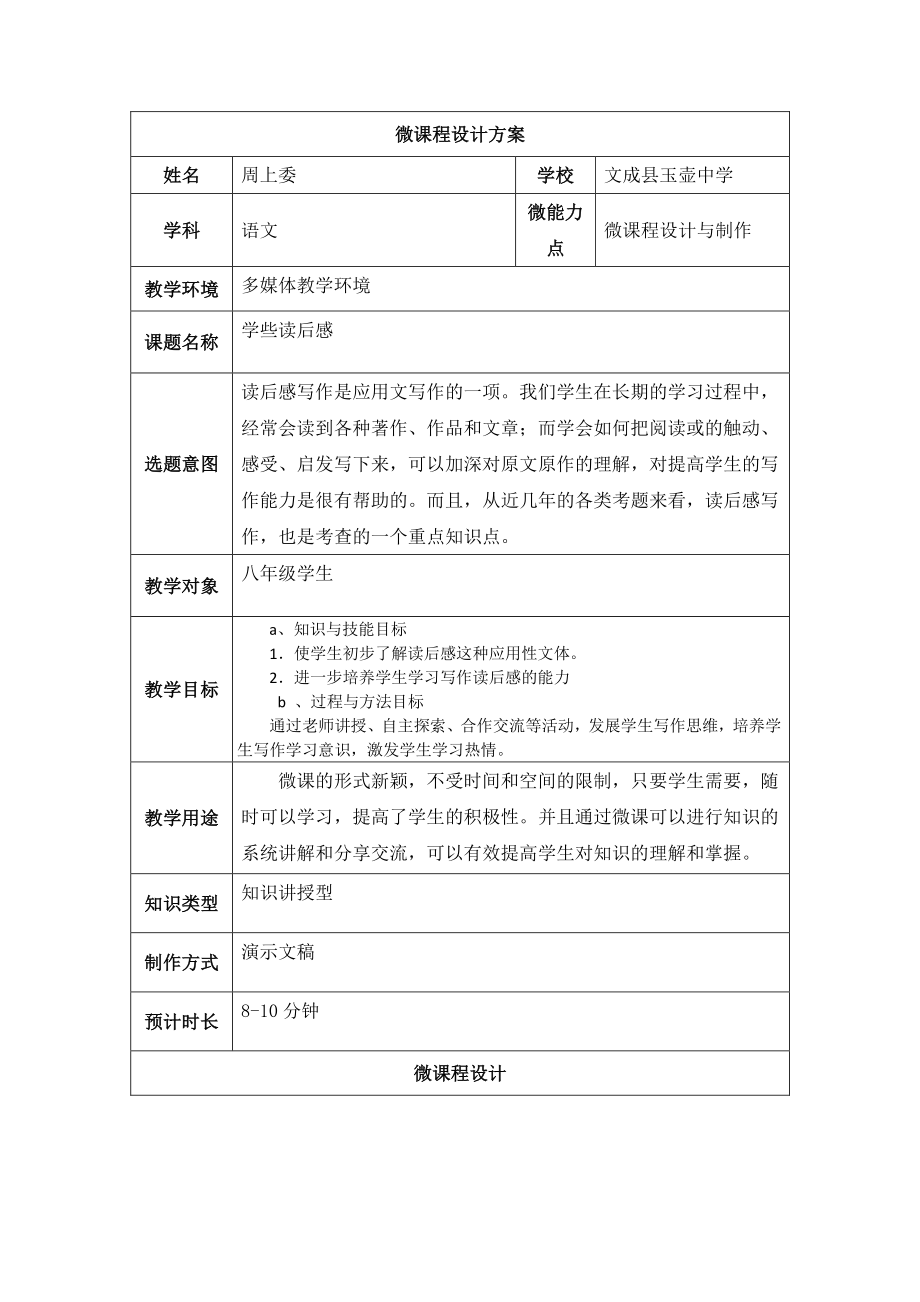 学写读后感微课程设计方案公开课.pdf_第1页