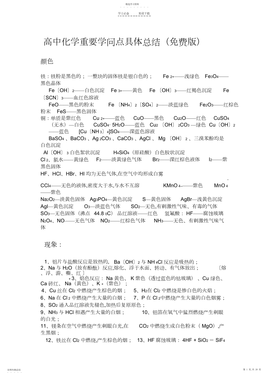 2022年高中化学重要常考知识点详细总结.docx_第1页