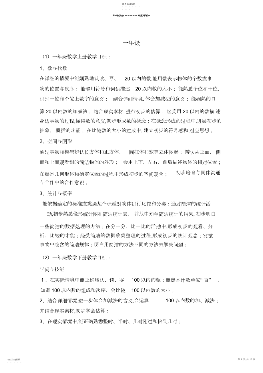 2022年小学数学各年级教学目标.docx_第1页