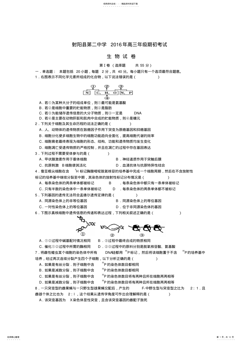 2022年射阳县第二中学高三生物下学期期初考试试题 .pdf_第1页