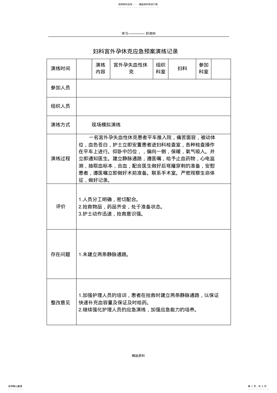 2022年妇科宫外孕休克应急预案演练记录教学内容 .pdf_第2页