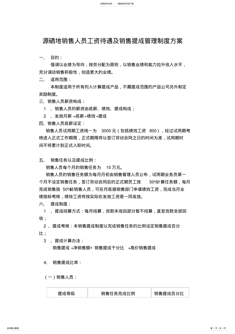 2022年陕西销售人员工资待遇及销售提成管理制度方案 .pdf_第1页