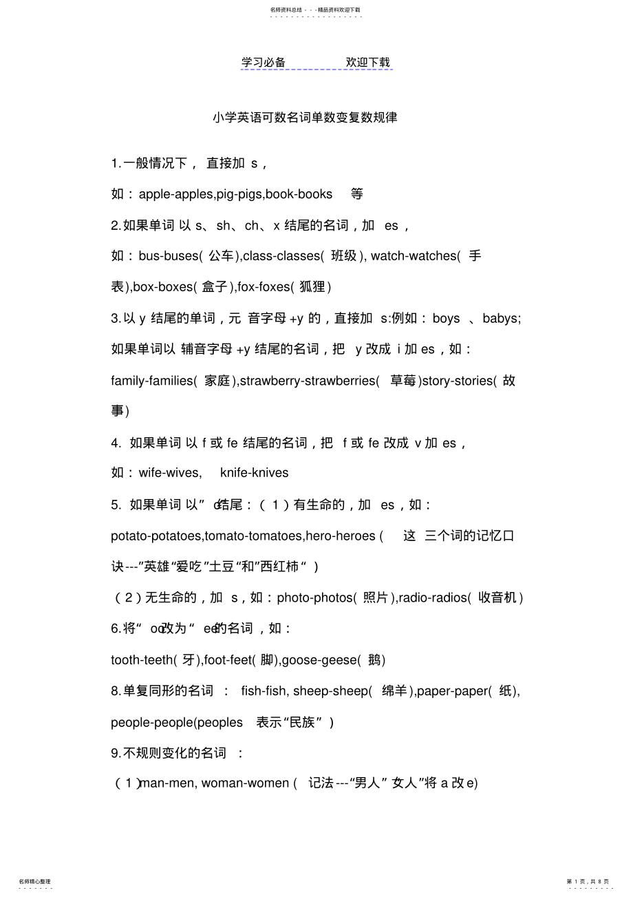 2022年小学英语可数名词单数变复数规律及习题 .pdf_第1页