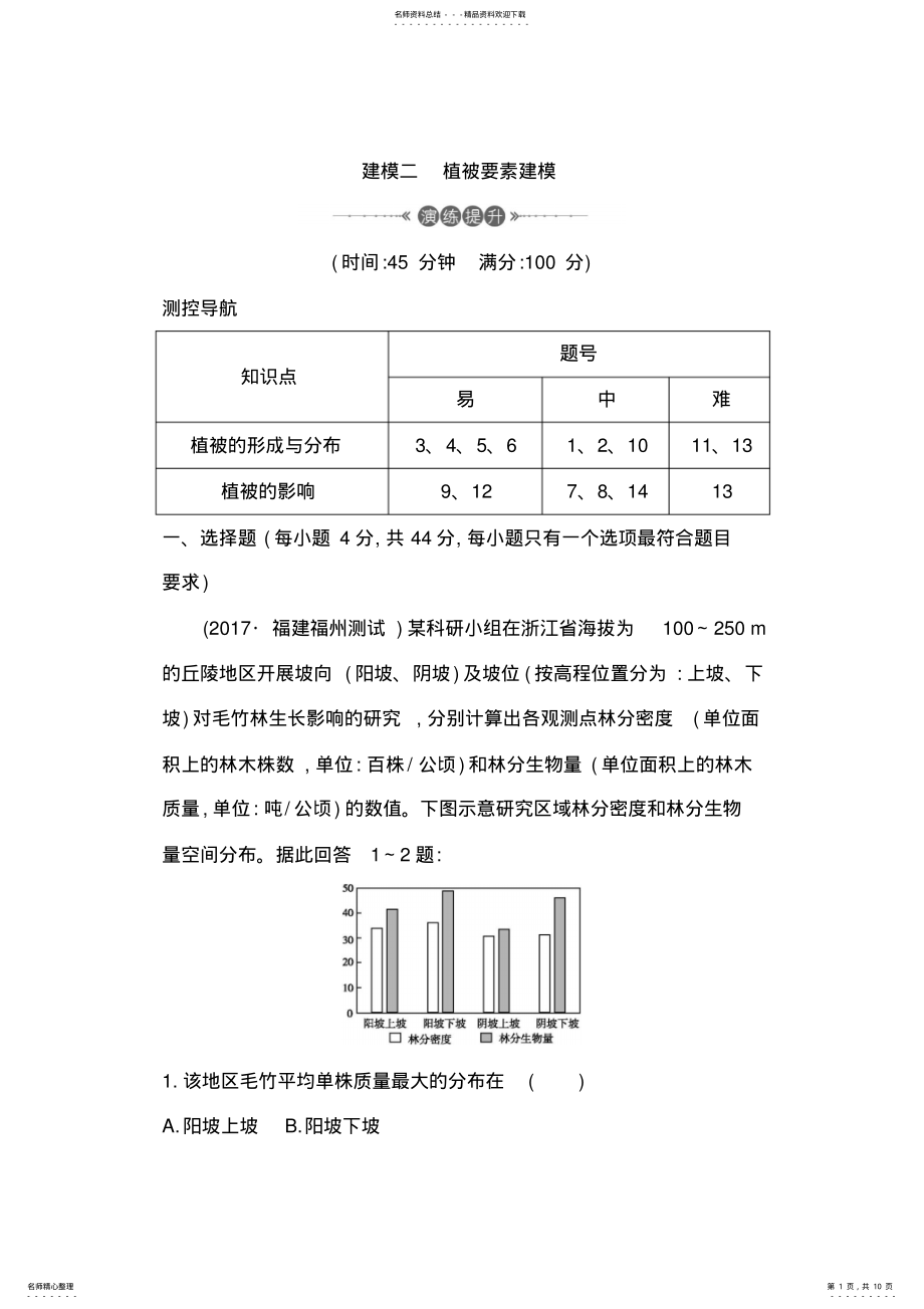 2022年届高三地理二轮复习试题：建模二植被要素建模Word版含解析 .pdf_第1页