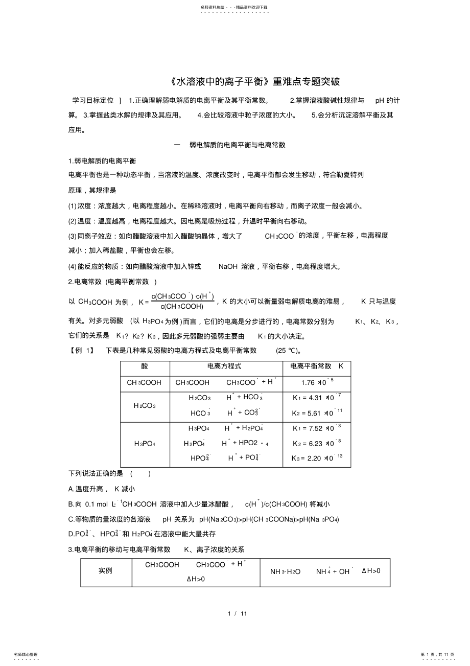 2022年高二化学期末复习人教版选修四重难点专题突破：第三章水溶液中的离子平衡Word版汇总,推荐文档 .pdf_第1页