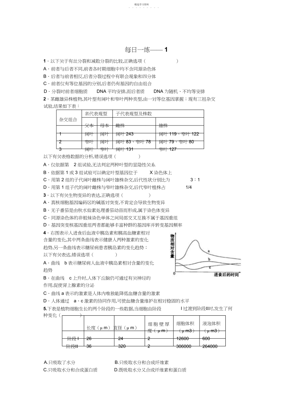 2022年高三生物选择题每日一练.docx_第1页