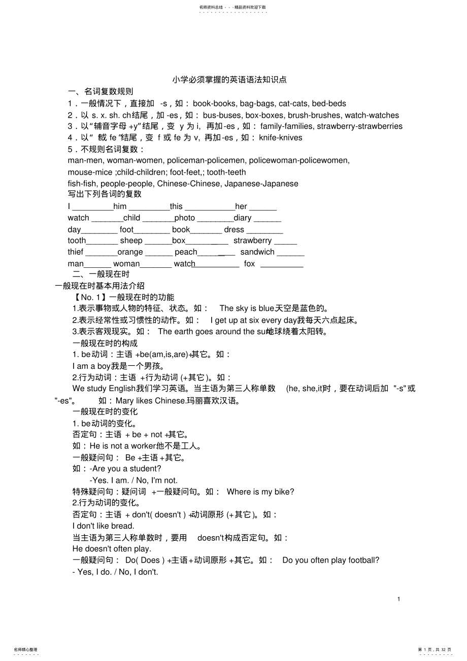 2022年小学必须掌握的英语语法知识点汇总,推荐文档 .pdf_第1页