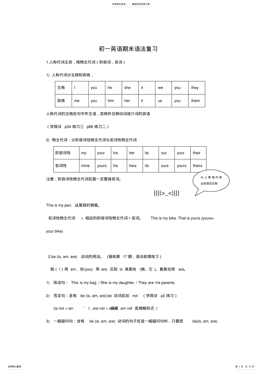 2022年完整word版,外研版七年级英语期末语法复习 .pdf_第1页