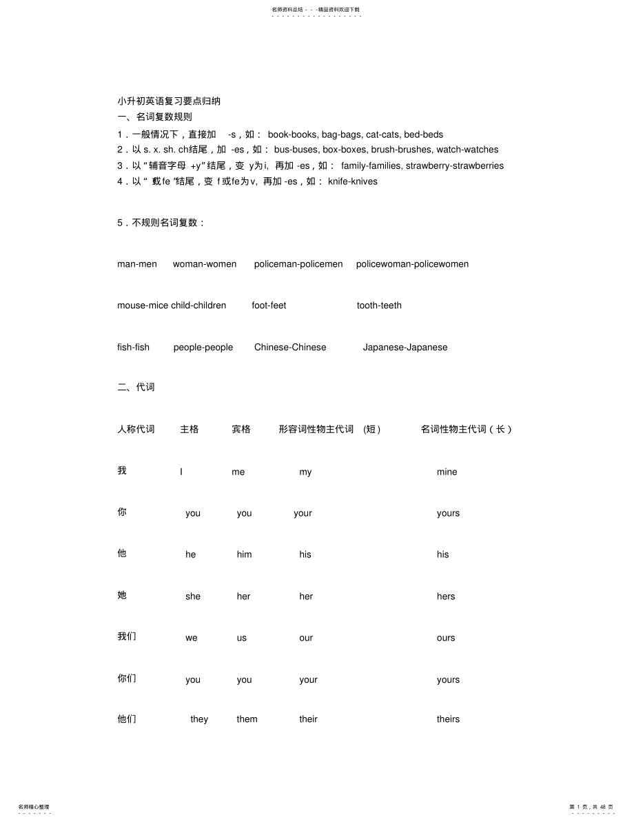 2022年小升初英语复习要点归纳 .pdf_第1页