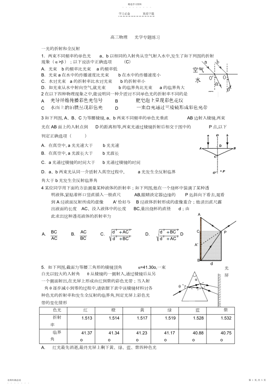 2022年高三物理光学专题复习.docx_第1页