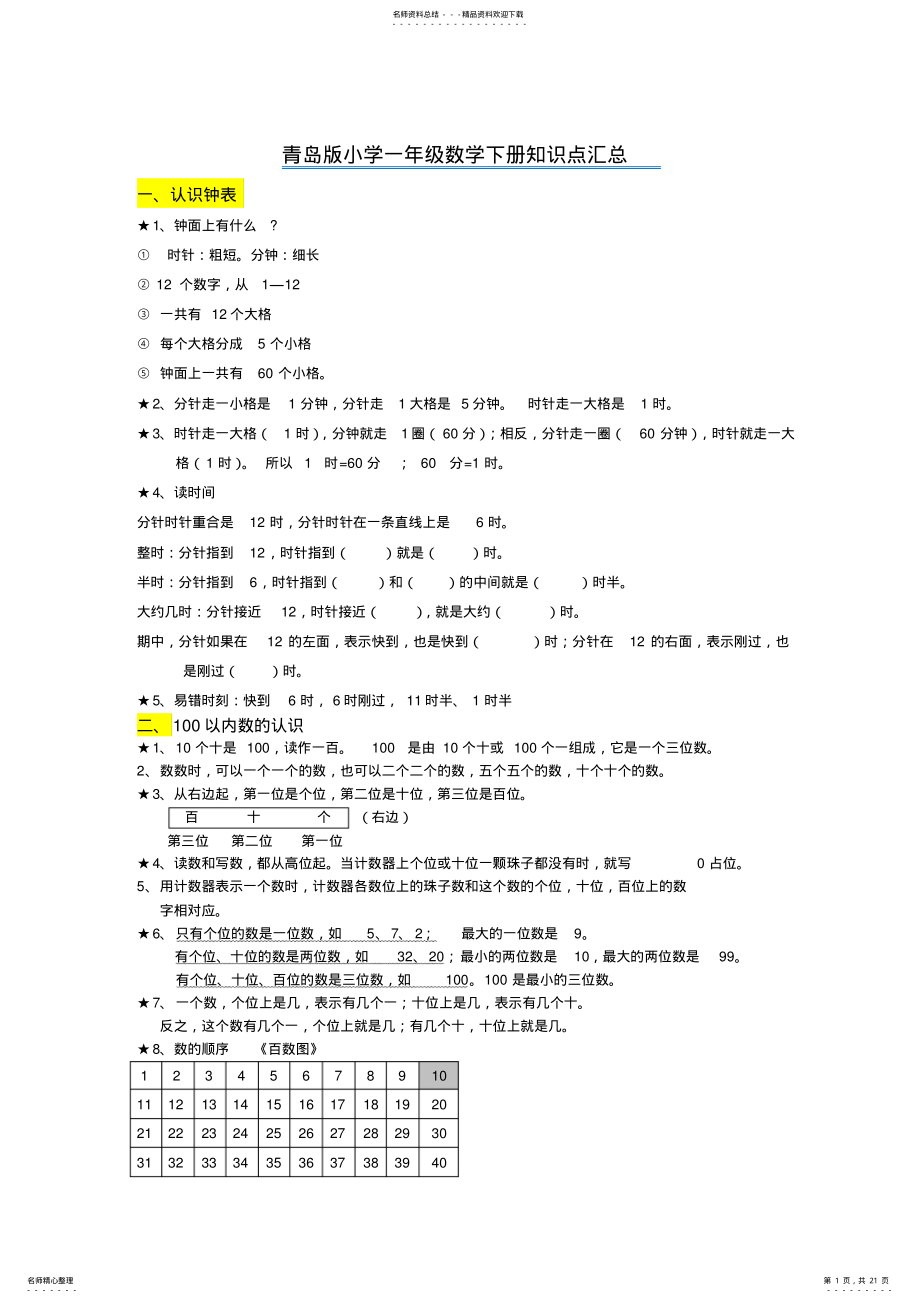 2022年青岛版一年级数学下册知识点归纳总结 2.pdf_第1页