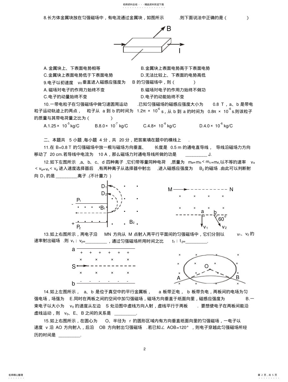 2022年高三磁场复习题及答案 .pdf_第2页