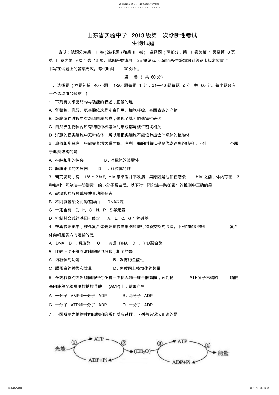 2022年实验中学高三生物上学期第一次诊断性考试试题 .pdf_第1页