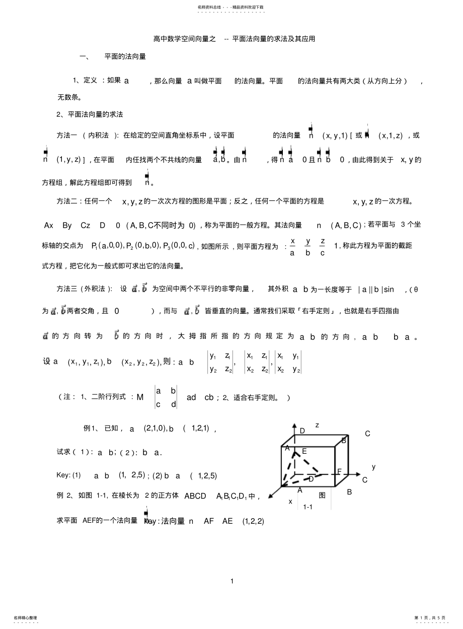 2022年高中数学--空间向量之法向量求法及应用方法 .pdf_第1页