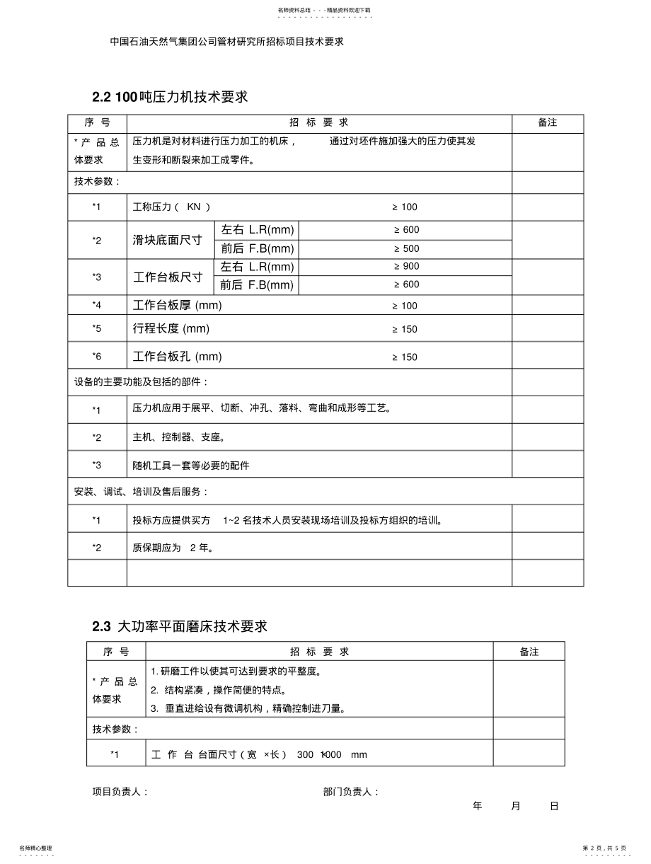 2022年除尘沙轮机、、卧式铣床、吨压力机招标项目技术要求 .pdf_第2页