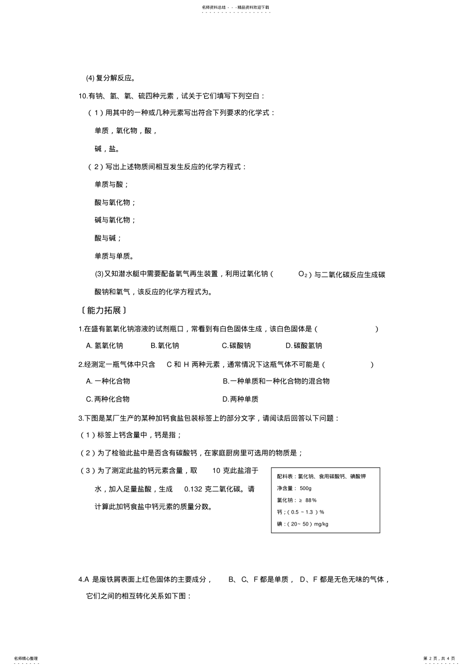 2022年高一化学必修一物质的分类和转化练习 .pdf_第2页