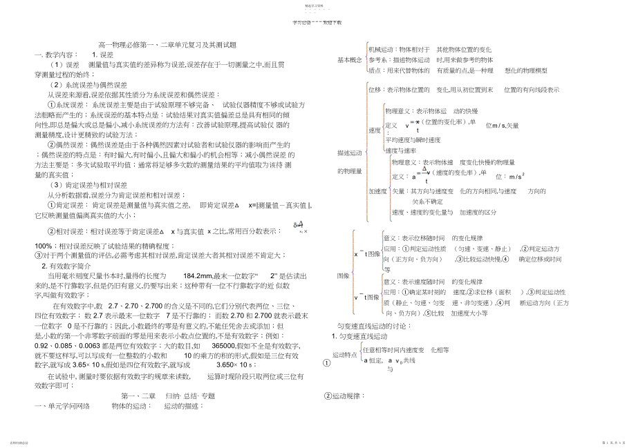 2022年高一物理必修第一二章单元复习及其测试题.docx_第1页