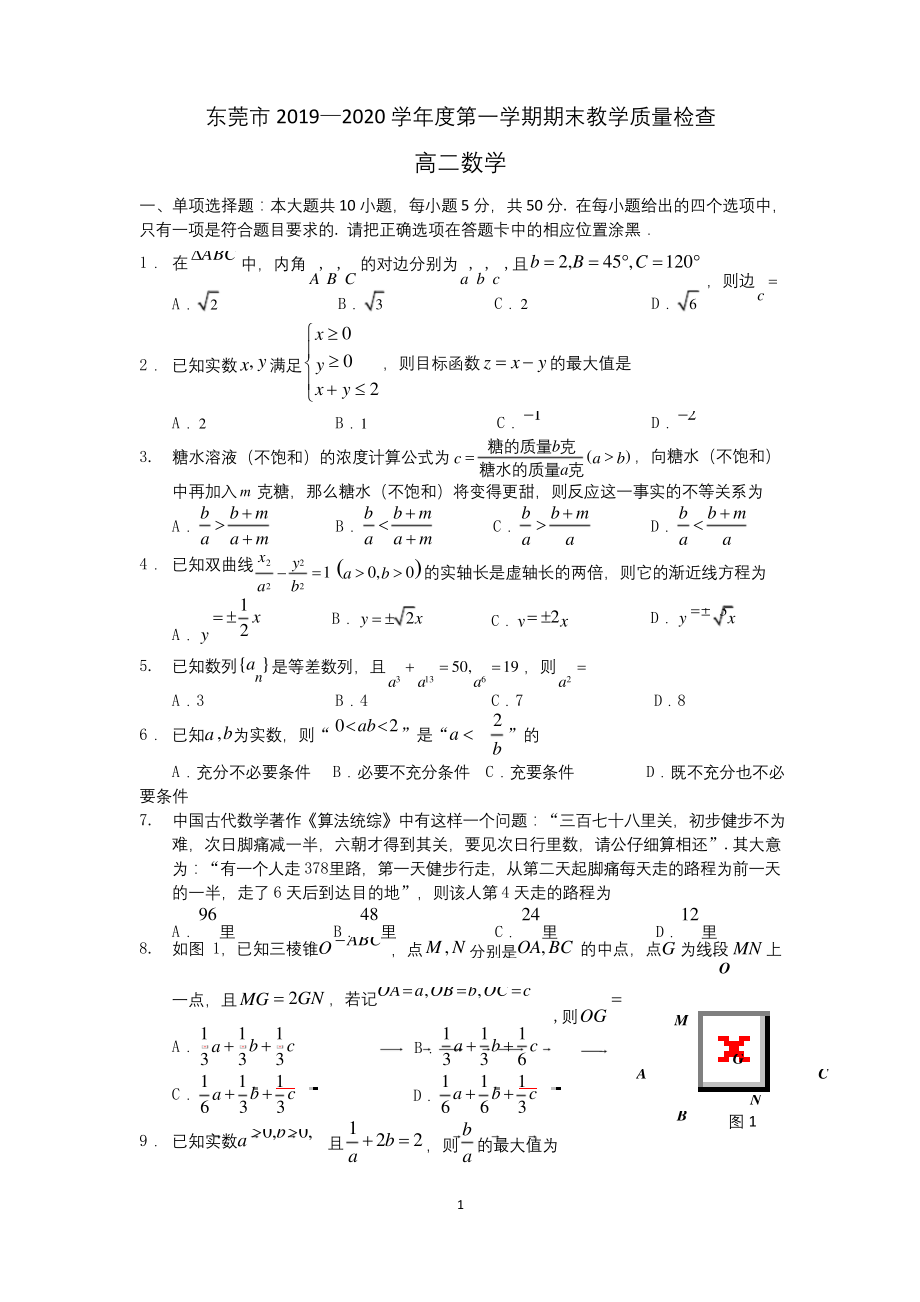 广东省东莞市2019-2020学年高二上学期期末教学质量检查数学试题-Word版含答案.docx_第1页