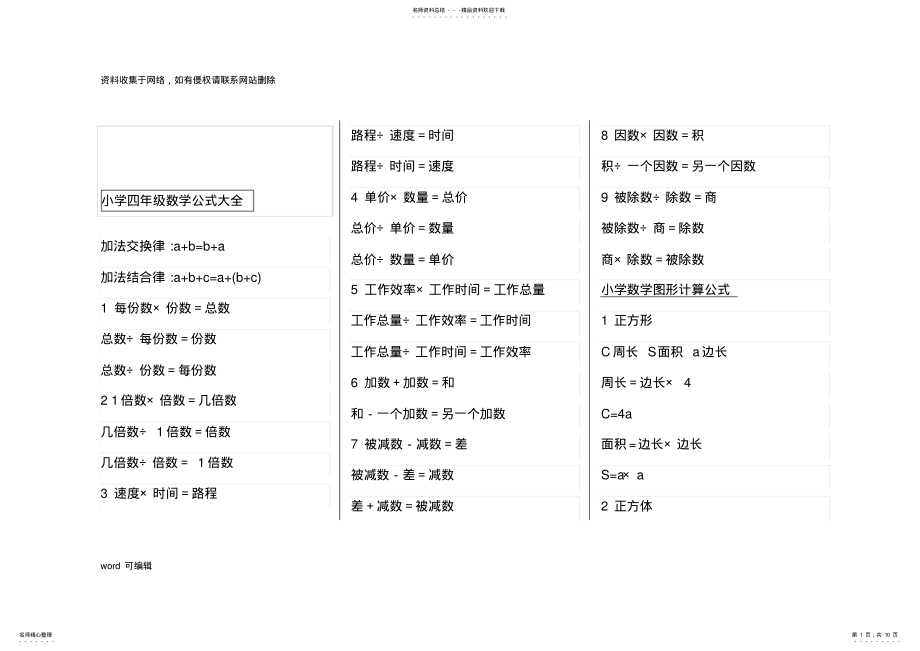 2022年小学四年级数学公式大全教学文案 .pdf_第1页