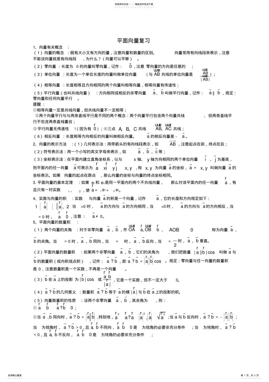 2022年平面向量复习基本知识点及结论总结,推荐文档 .pdf_第1页