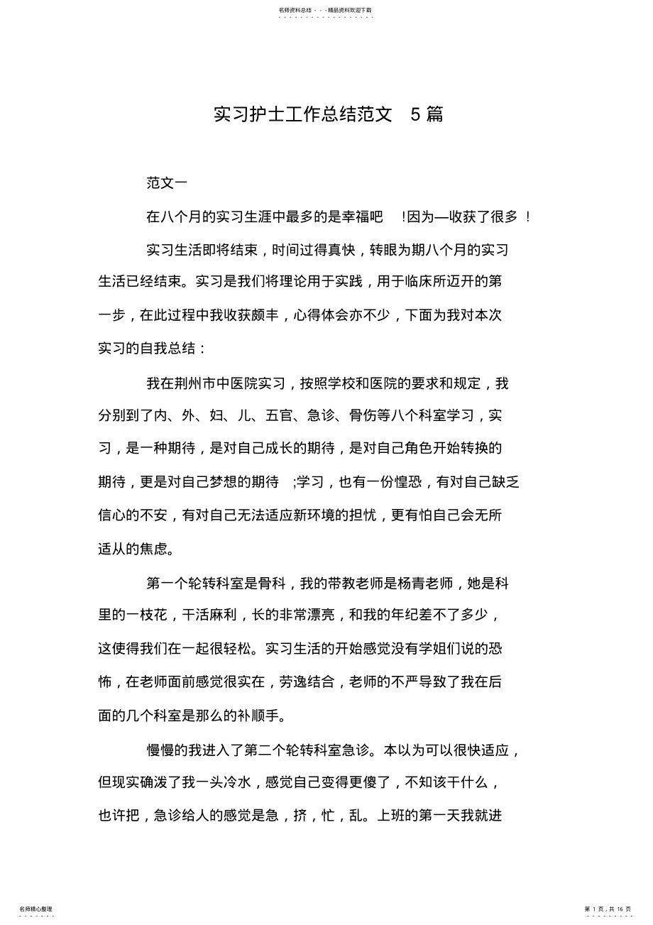 2022年实习护士工作总结范文篇 .pdf_第1页