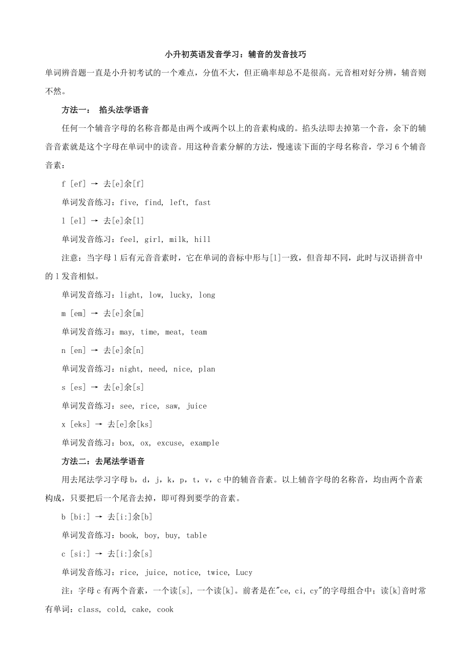 小升初英语发音学习辅音的发音技巧教案课件.doc_第1页