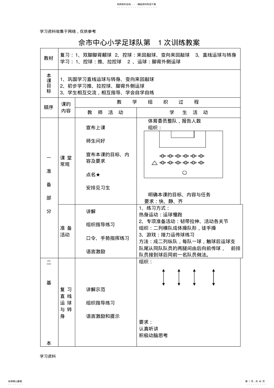 2022年小学足球队训练教案 .pdf_第1页