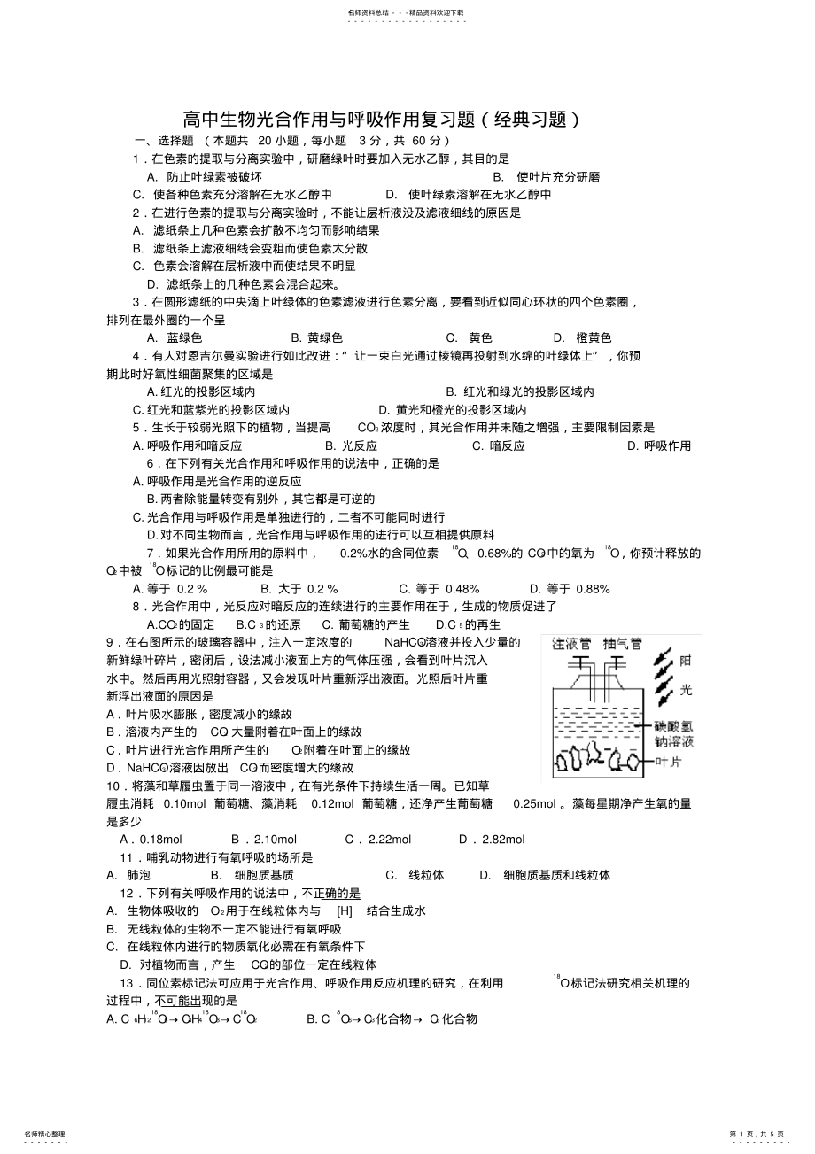 2022年高中生物光合作用与呼吸作用复习题 .pdf_第1页