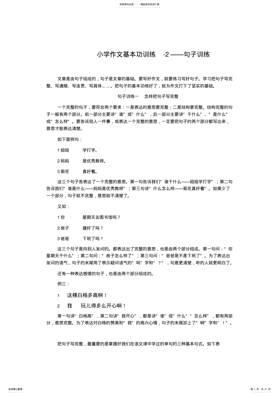 2022年小学作文入门小学作文基本功训练-句子训练 .pdf_第1页