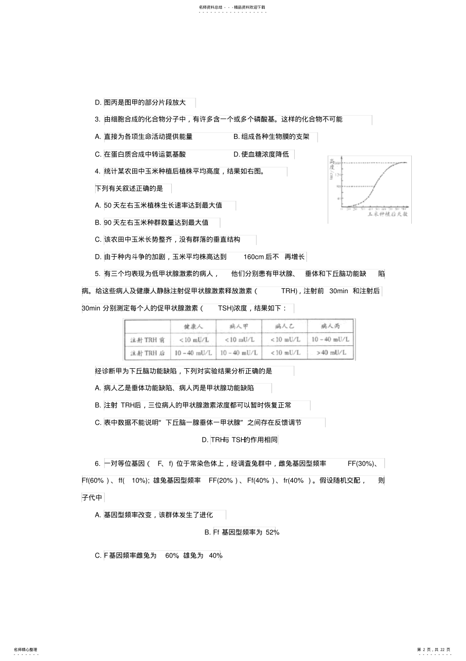 2022年山东省潍坊市高三第一次模拟考试理综试题与答案最新版 .pdf_第2页