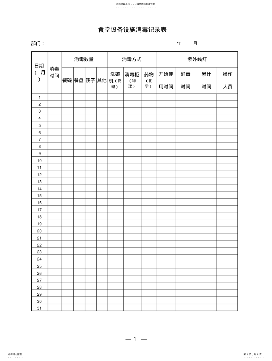 2022年食堂设备设施消毒记录表 .pdf_第1页