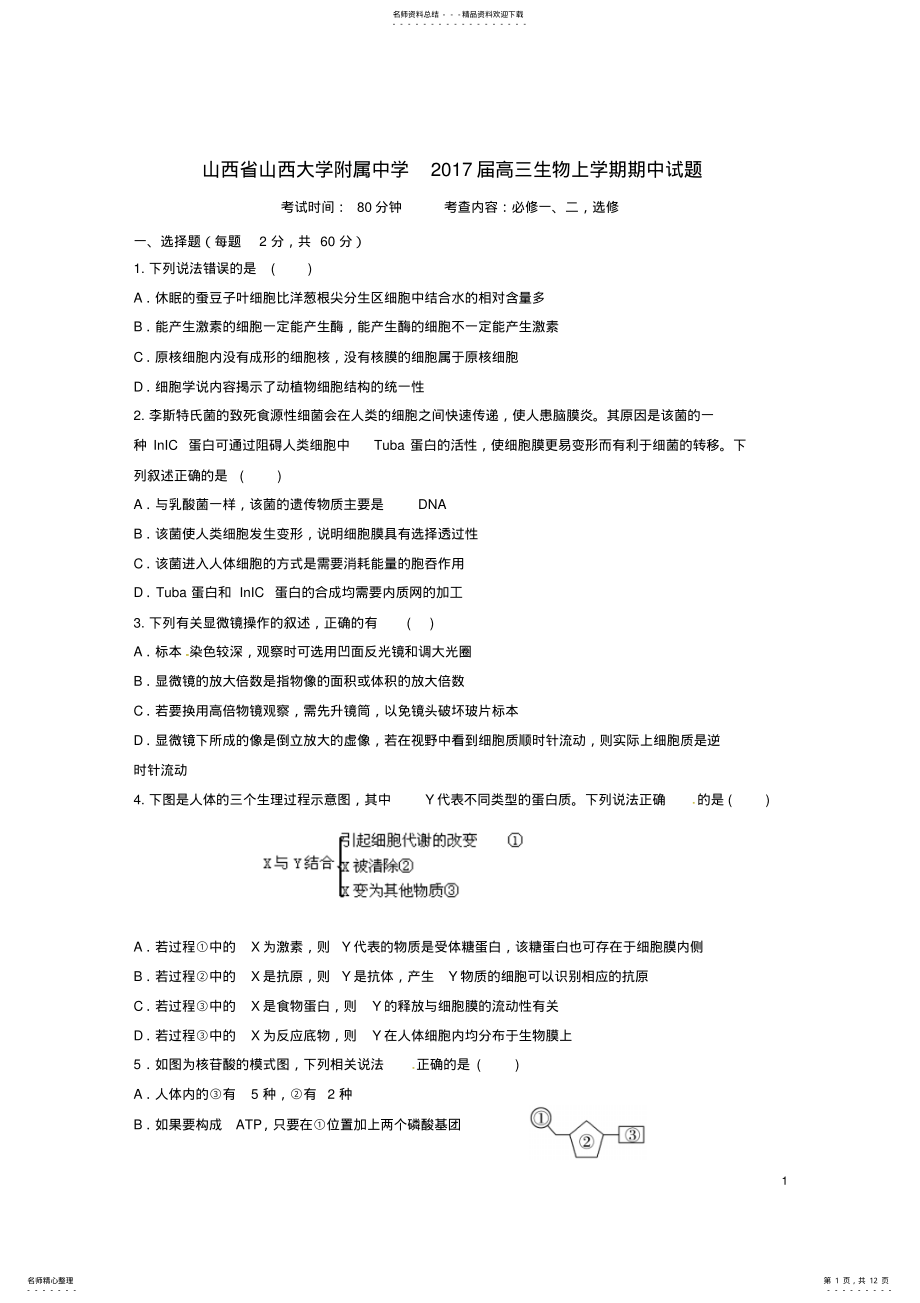 2022年高三生物上学期期中试题 10.pdf_第1页