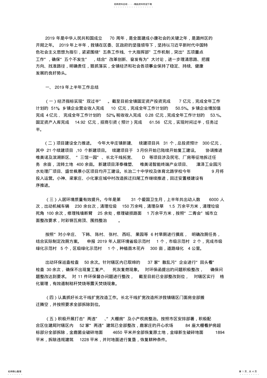 2022年大辛庄镇人民政府年上半年工作总结暨下半年工作计划 .pdf_第1页