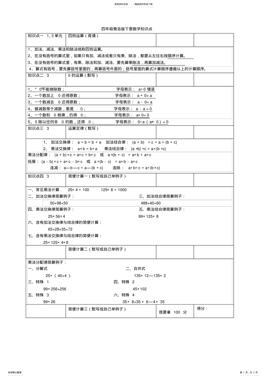 2022年青岛版四年级下册数学复习全部单元知识点总结,推荐文档 .pdf_第1页