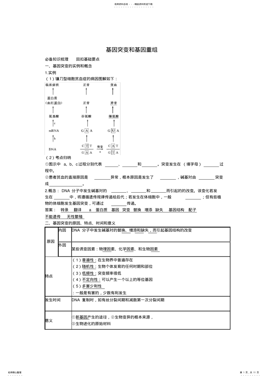 2022年学案高三生物一轮复习基因突变和基因重组人教版必修二 .pdf_第1页