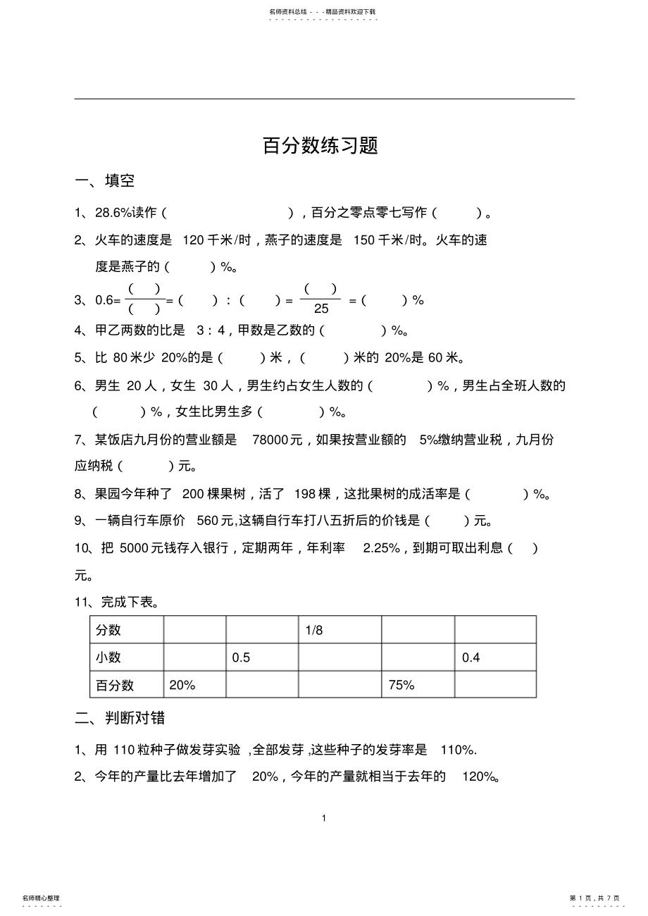 2022年小学六年级数学百分数练习题_共页 .pdf_第1页