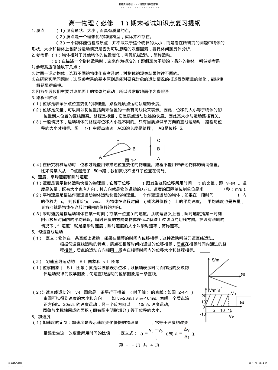 2022年高一物理必修第学期期末考试知识点复习提纲 .pdf_第1页