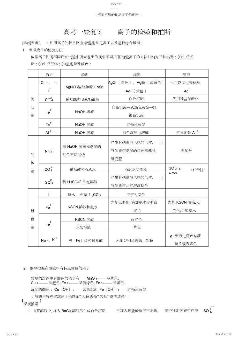 2022年高三专题复习离子共存离子的检验和推断.docx_第1页