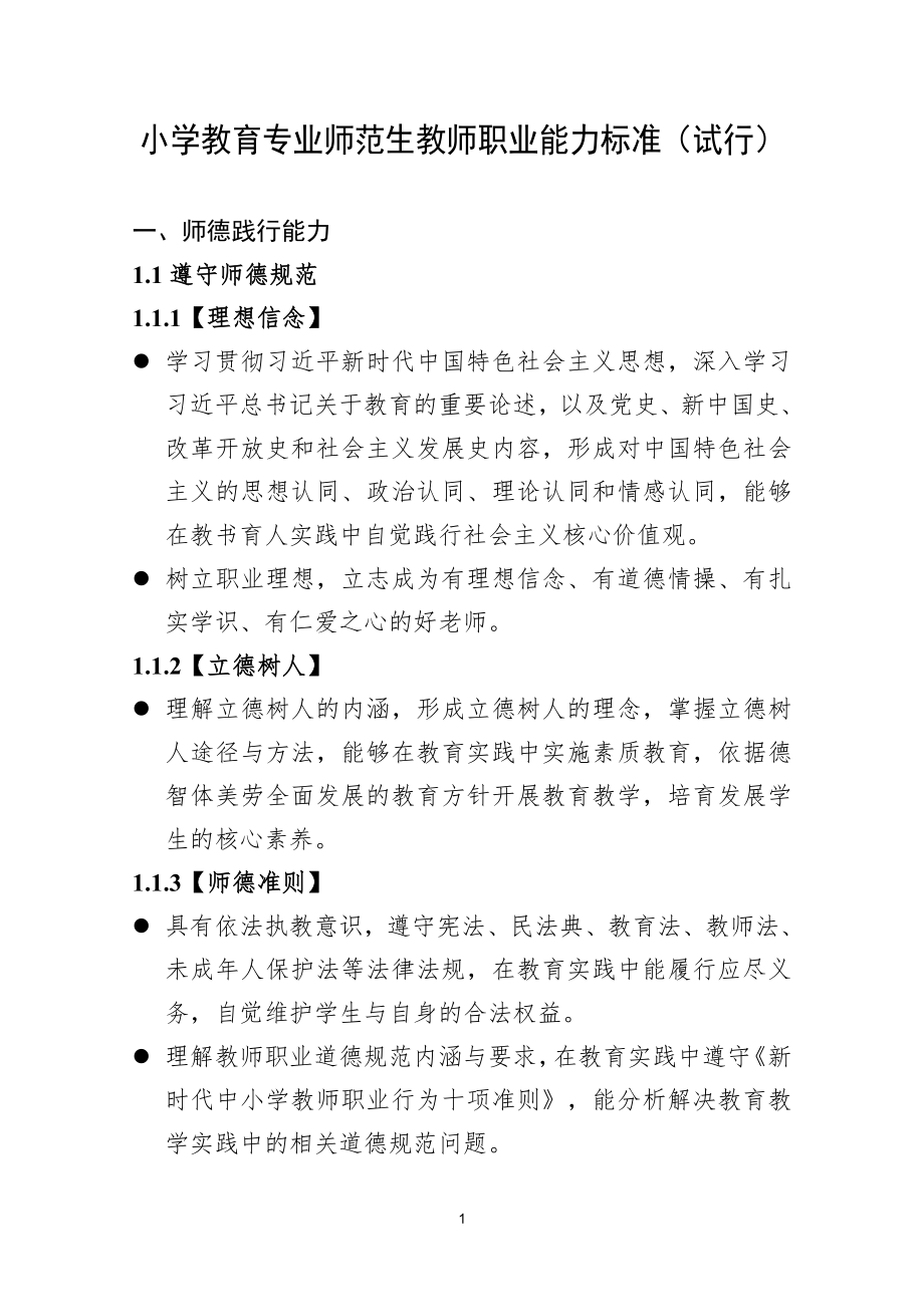 小学教育专业师范生教师职业能力标准(试行).docx_第1页